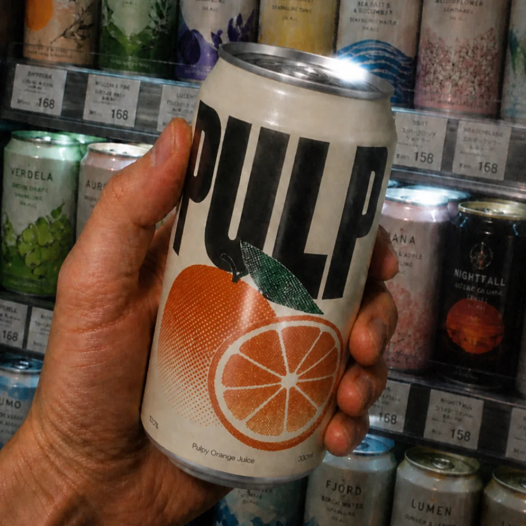 Eine Hand hält eine Dose PULP-Orangensaft vor dem Kühlregal eines Kiosks