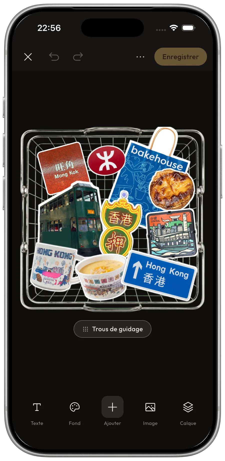 Éditeur de collage de Cutrove, avec des stickers disposés dans un panier en fil de fer