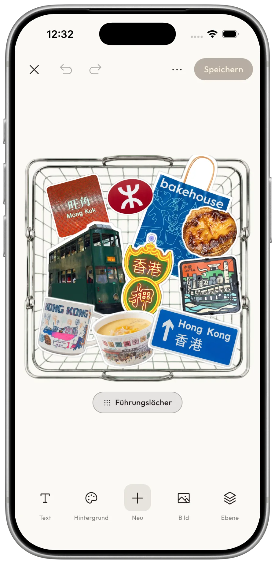 Collage-Editor von Cutrove mit Stickern in einem Drahtkorb