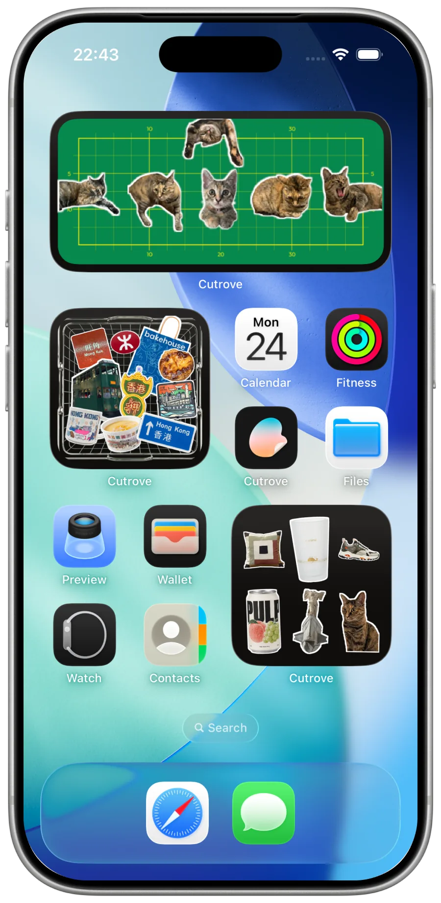 iPhone-Homescreen mit Cutrove-Widgets voller Cutouts